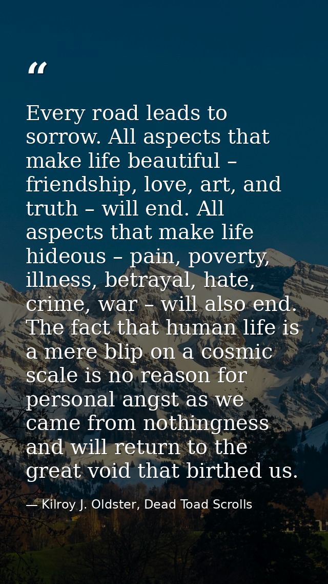 Every road leads to sorrow. All aspects that make life beautiful – friendship, love, art, and truth – will end. All aspe — Kilroy J. Oldster, Dead Toad Scrolls