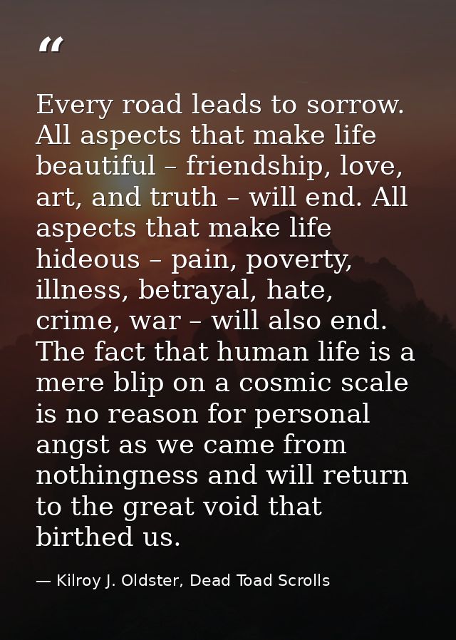 Every road leads to sorrow. All aspects that make life beautiful – friendship, love, art, and truth – will end. All aspe — Kilroy J. Oldster, Dead Toad Scrolls