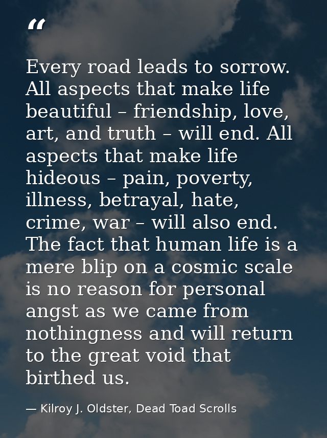Every road leads to sorrow. All aspects that make life beautiful – friendship, love, art, and truth – will end. All aspe — Kilroy J. Oldster, Dead Toad Scrolls