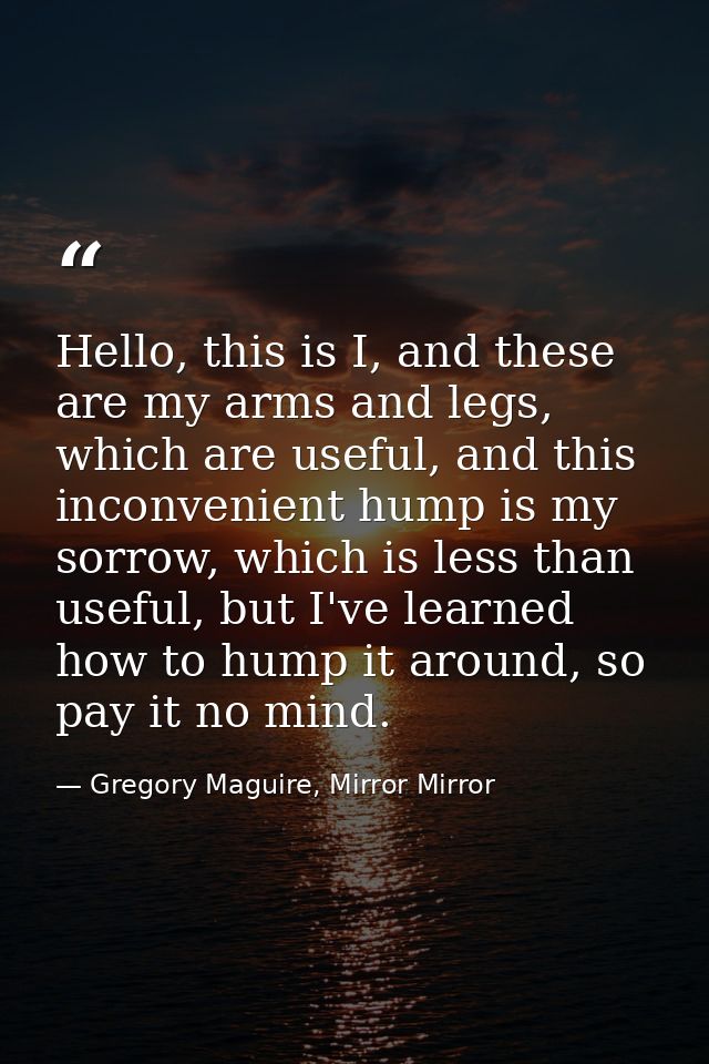 Hello, this is I, and these are my arms and legs, which are useful, and this inconvenient hump is my sorrow, which is le — Gregory Maguire, Mirror Mirror