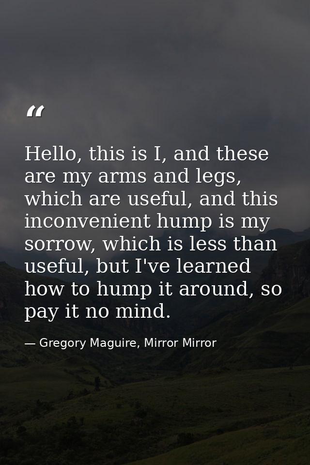 Hello, this is I, and these are my arms and legs, which are useful, and this inconvenient hump is my sorrow, which is le — Gregory Maguire, Mirror Mirror