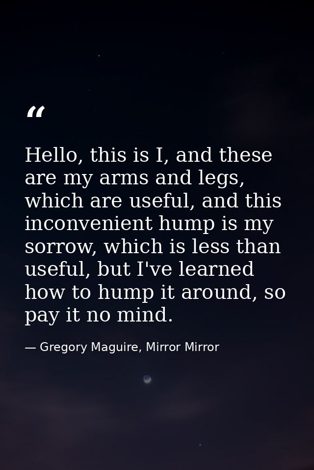 Hello, this is I, and these are my arms and legs, which are useful, and this inconvenient hump is my sorrow, which is le — Gregory Maguire, Mirror Mirror