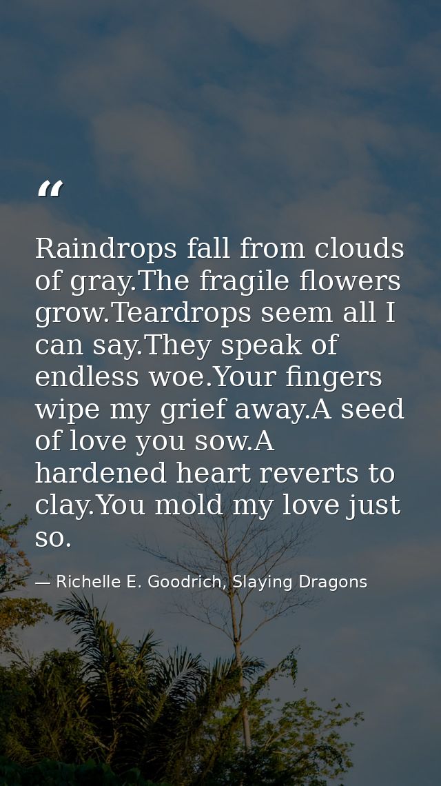 Raindrops fall from clouds of gray.The fragile flowers grow.Teardrops seem all I can say.They speak of endless woe.Your  — Richelle E. Goodrich, Slaying Dragons