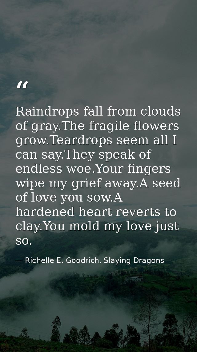 Raindrops fall from clouds of gray.The fragile flowers grow.Teardrops seem all I can say.They speak of endless woe.Your  — Richelle E. Goodrich, Slaying Dragons