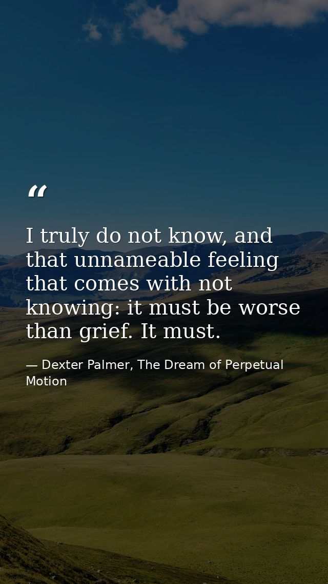 I truly do not know, and that unnameable feeling that comes with not knowing: it must be worse than grief. It must. — Dexter Palmer, The Dream of Perpetual Motion