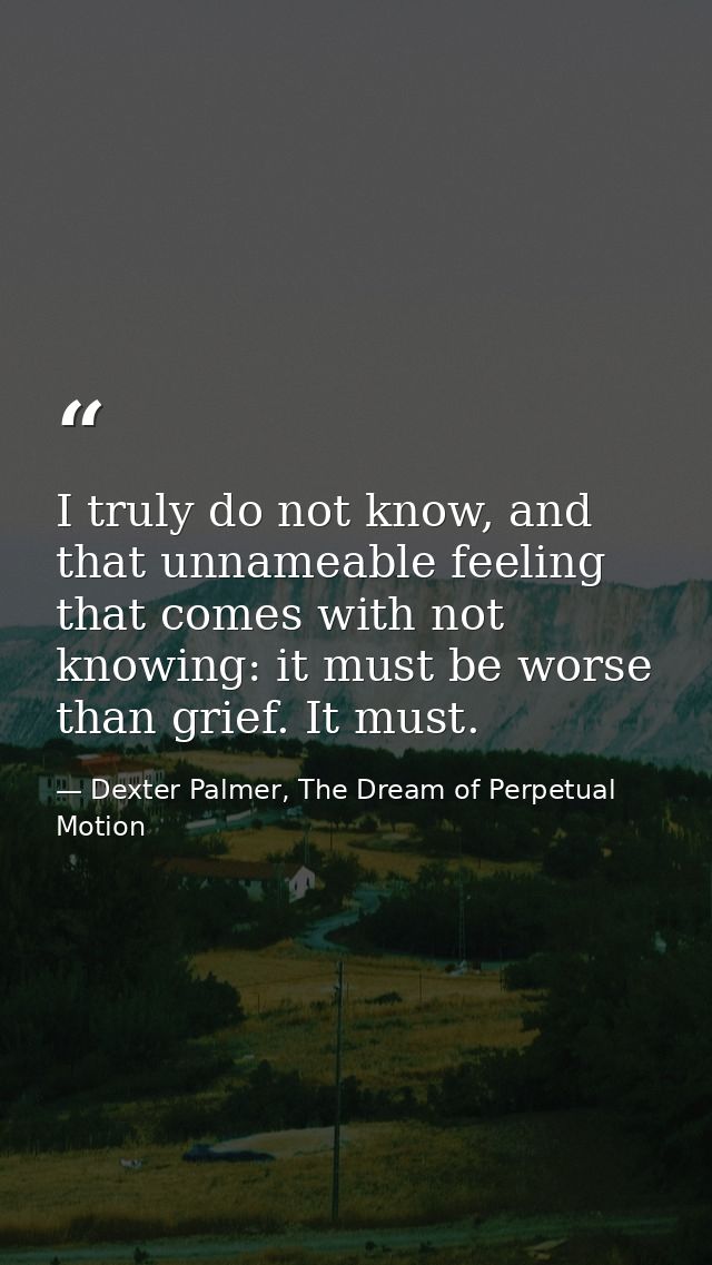I truly do not know, and that unnameable feeling that comes with not knowing: it must be worse than grief. It must. — Dexter Palmer, The Dream of Perpetual Motion