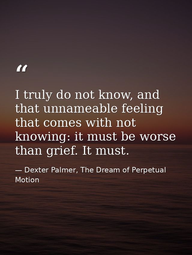 I truly do not know, and that unnameable feeling that comes with not knowing: it must be worse than grief. It must. — Dexter Palmer, The Dream of Perpetual Motion