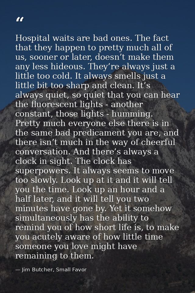 Hospital waits are bad ones. The fact that they happen to pretty much all of us, sooner or later, doesn’t make them any  — Jim Butcher, Small Favor