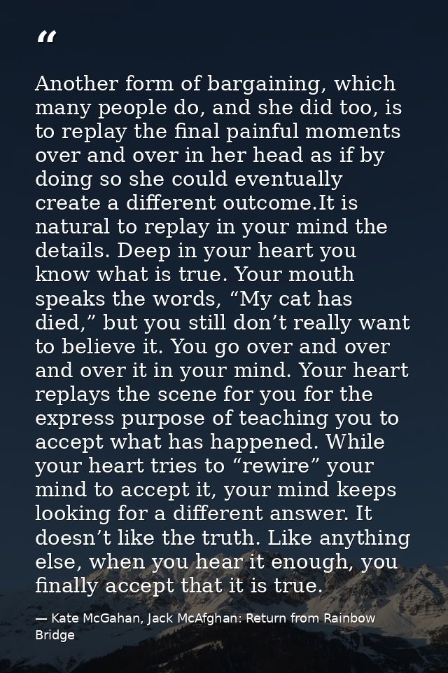 Another form of bargaining, which many people do, and she did too, is to replay the final painful moments over and over  — Kate McGahan, Jack McAfghan: Return from Rainbow Bridge
