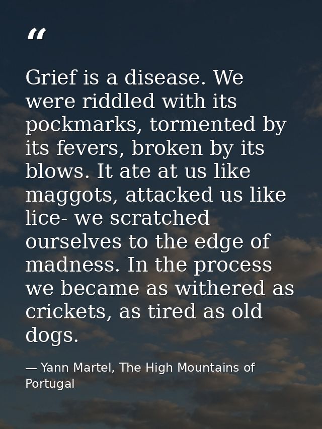 Grief is a disease. We were riddled with its pockmarks, tormented by its fevers, broken by its blows. It ate at us like  — Yann Martel, The High Mountains of Portugal