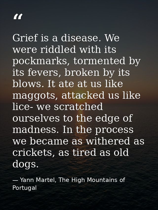 Grief is a disease. We were riddled with its pockmarks, tormented by its fevers, broken by its blows. It ate at us like  — Yann Martel, The High Mountains of Portugal