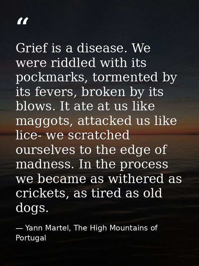 Grief is a disease. We were riddled with its pockmarks, tormented by its fevers, broken by its blows. It ate at us like  — Yann Martel, The High Mountains of Portugal