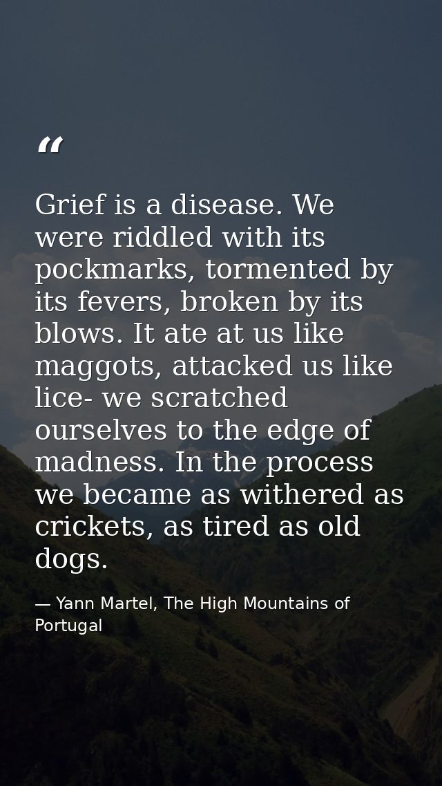 Grief is a disease. We were riddled with its pockmarks, tormented by its fevers, broken by its blows. It ate at us like  — Yann Martel, The High Mountains of Portugal