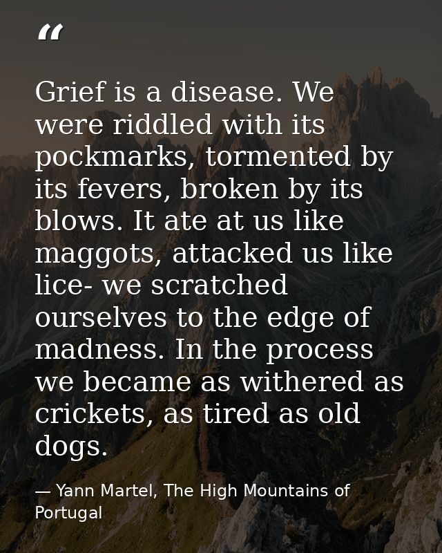 Grief is a disease. We were riddled with its pockmarks, tormented by its fevers, broken by its blows. It ate at us like  — Yann Martel, The High Mountains of Portugal