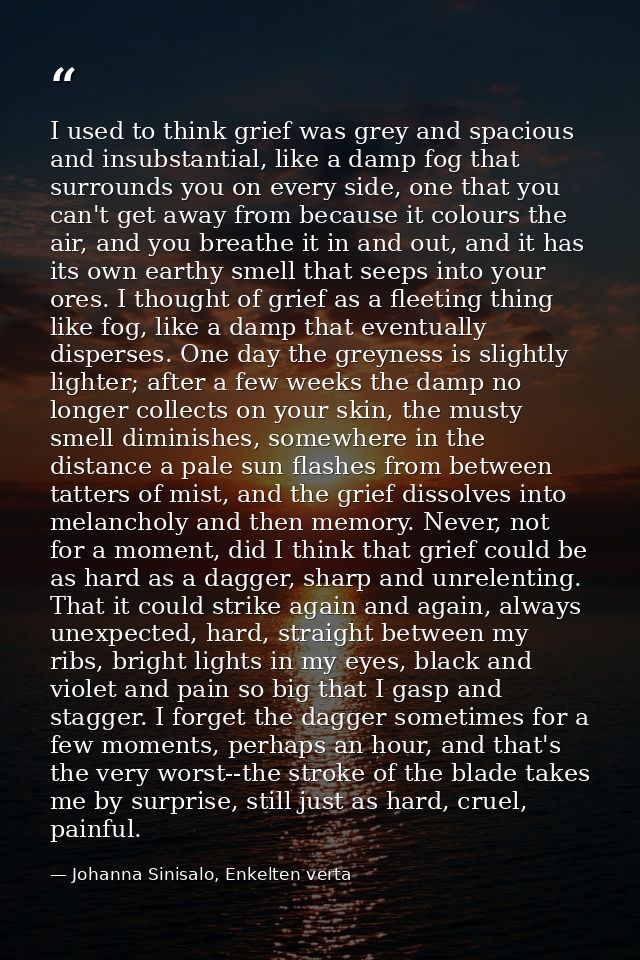I used to think grief was grey and spacious and insubstantial, like a damp fog that surrounds you on every side, one tha — Johanna Sinisalo, Enkelten verta