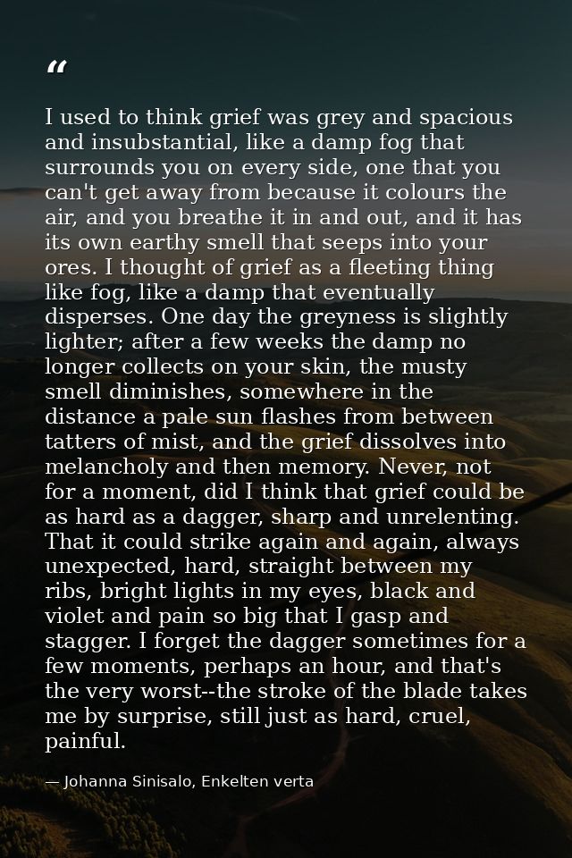 I used to think grief was grey and spacious and insubstantial, like a damp fog that surrounds you on every side, one tha — Johanna Sinisalo, Enkelten verta