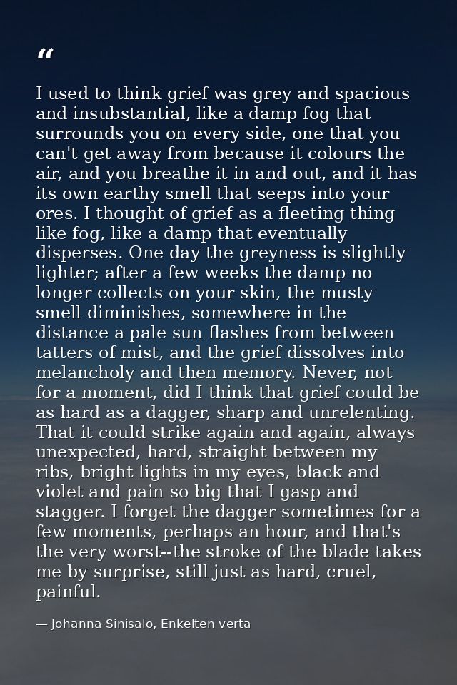 I used to think grief was grey and spacious and insubstantial, like a damp fog that surrounds you on every side, one tha — Johanna Sinisalo, Enkelten verta