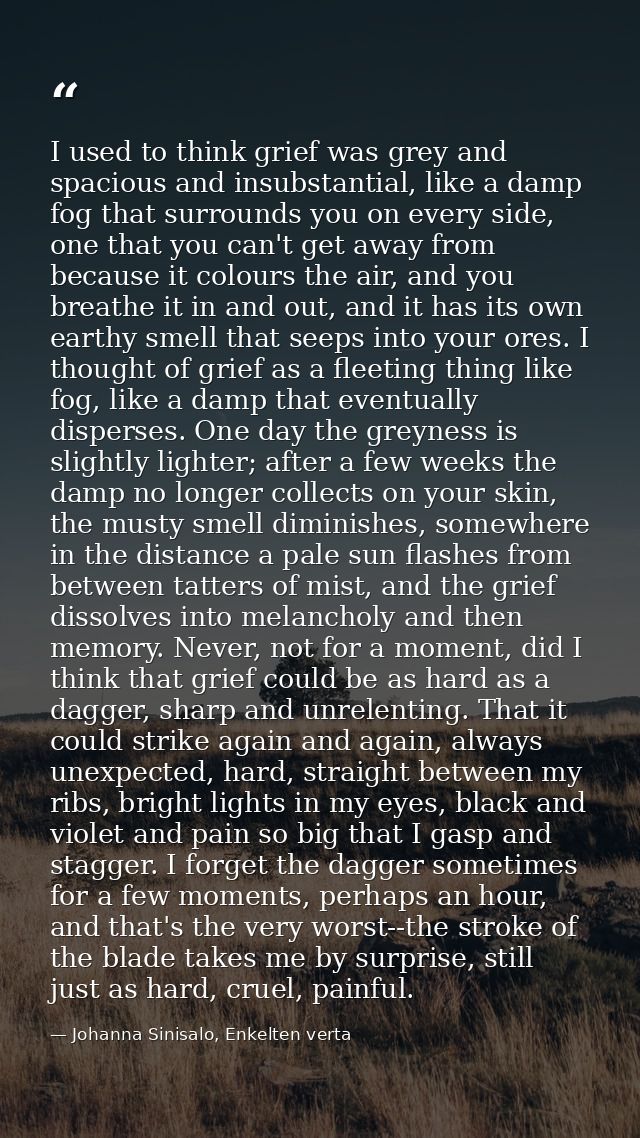 I used to think grief was grey and spacious and insubstantial, like a damp fog that surrounds you on every side, one tha — Johanna Sinisalo, Enkelten verta
