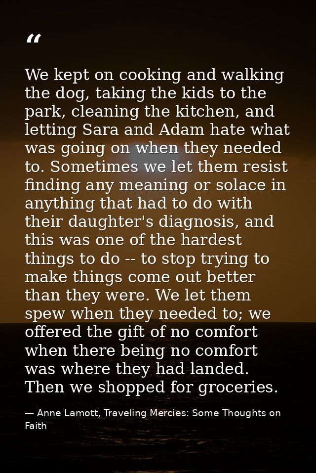 We kept on cooking and walking the dog, taking the kids to the park, cleaning the kitchen, and letting Sara and Adam hat — Anne Lamott, Traveling Mercies: Some Thoughts on Faith