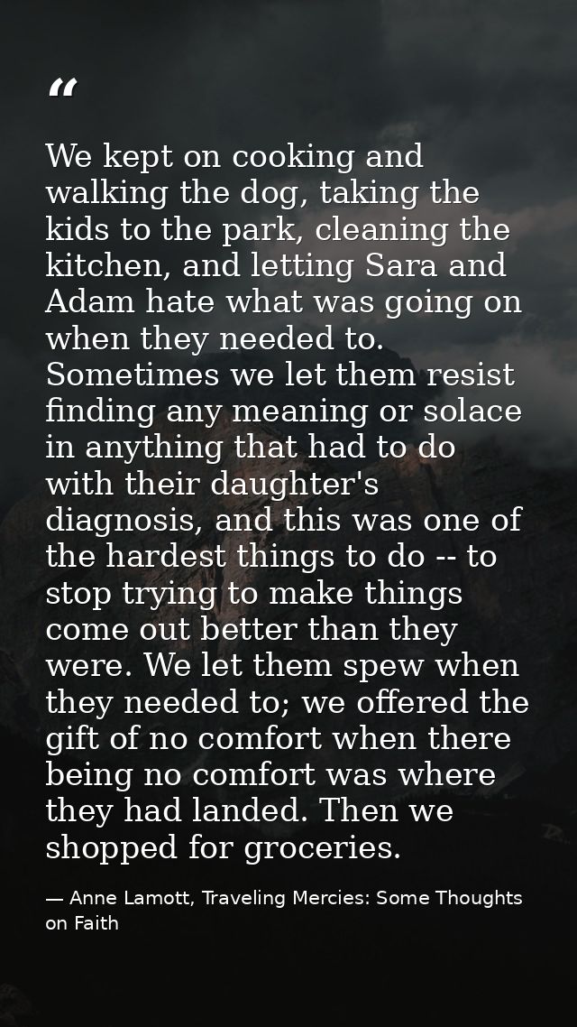 We kept on cooking and walking the dog, taking the kids to the park, cleaning the kitchen, and letting Sara and Adam hat — Anne Lamott, Traveling Mercies: Some Thoughts on Faith