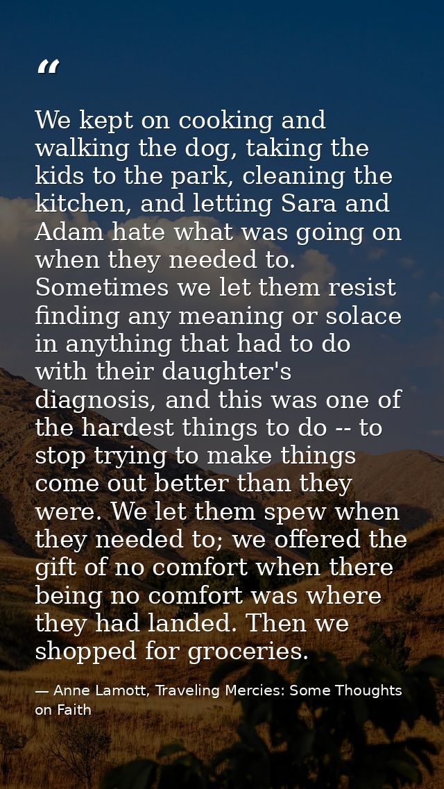 We kept on cooking and walking the dog, taking the kids to the park, cleaning the kitchen, and letting Sara and Adam hat — Anne Lamott, Traveling Mercies: Some Thoughts on Faith