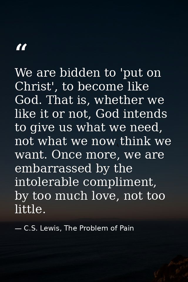 We are bidden to 'put on Christ', to become like God. That is, whether we like it or not, God intends to give us what we — C.S. Lewis, The Problem of Pain