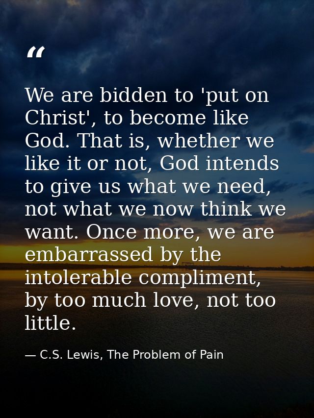 We are bidden to 'put on Christ', to become like God. That is, whether we like it or not, God intends to give us what we — C.S. Lewis, The Problem of Pain