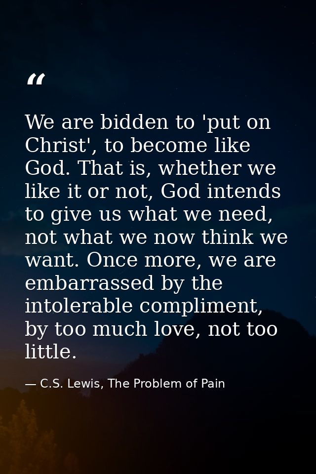 We are bidden to 'put on Christ', to become like God. That is, whether we like it or not, God intends to give us what we — C.S. Lewis, The Problem of Pain