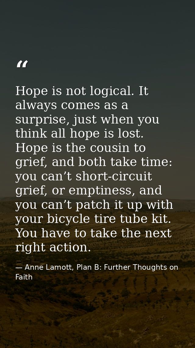 Hope is not logical. It always comes as a surprise, just when you think all hope is lost. Hope is the cousin to grief, a — Anne Lamott, Plan B: Further Thoughts on Faith