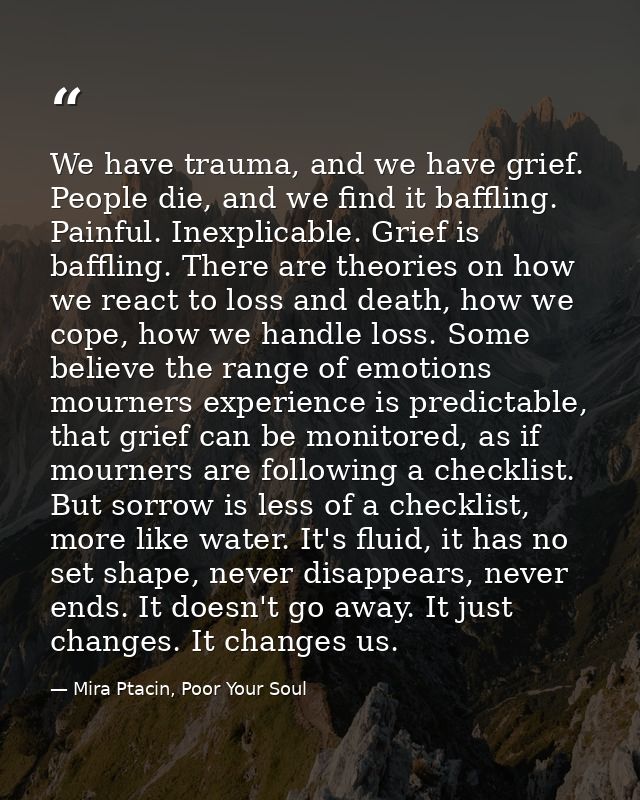 We have trauma, and we have grief. People die, and we find it baffling. Painful. Inexplicable. Grief is baffling. There  — Mira Ptacin, Poor Your Soul