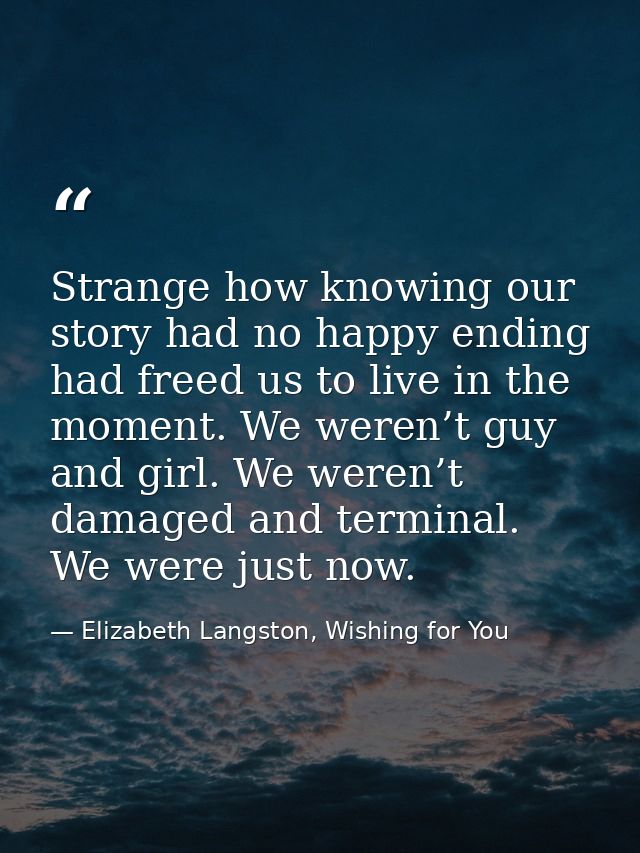 Strange how knowing our story had no happy ending had freed us to live in the moment. We weren’t guy and girl. We weren’ — Elizabeth Langston, Wishing for You