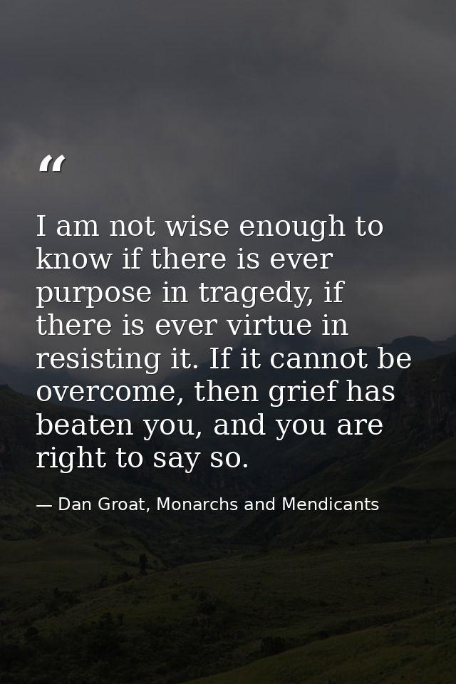 I am not wise enough to know if there is ever purpose in tragedy, if there is ever virtue in resisting it. If it cannot  — Dan Groat, Monarchs and Mendicants