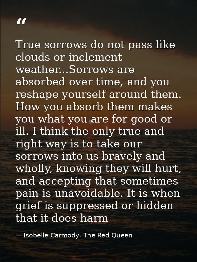 True sorrows do not pass like clouds or inclement weather...Sorrows are absorbed over time, and you reshape yourself aro — Isobelle Carmody, The Red Queen