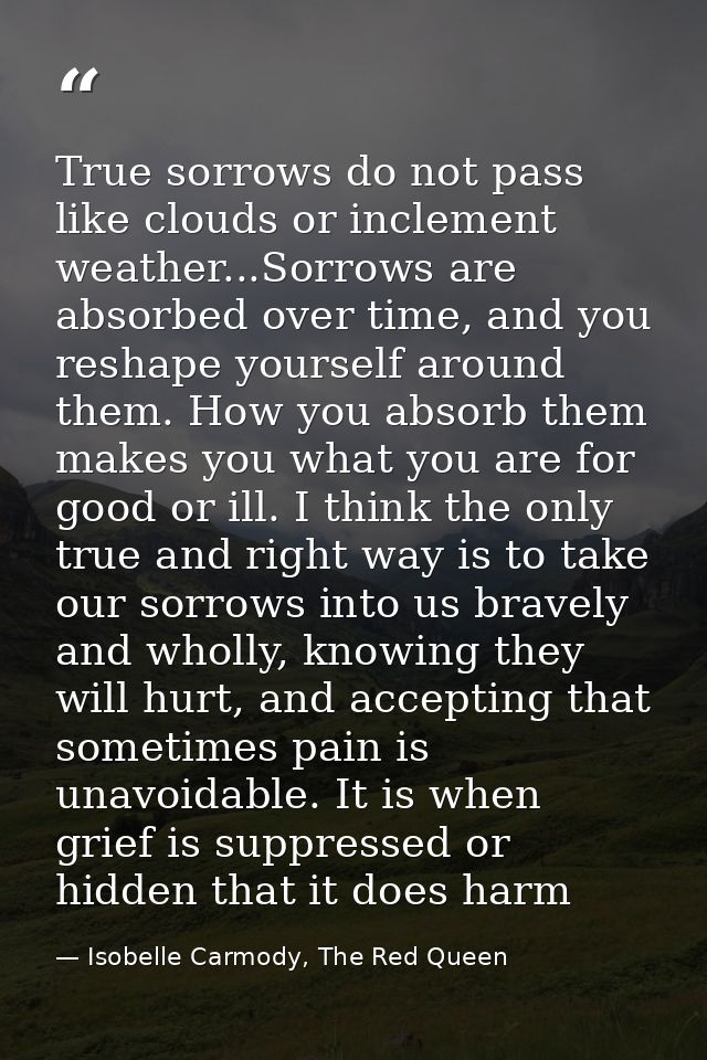 True sorrows do not pass like clouds or inclement weather...Sorrows are absorbed over time, and you reshape yourself aro — Isobelle Carmody, The Red Queen