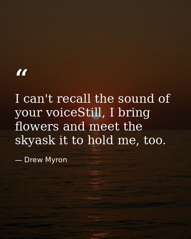 I can't recall the sound of your voiceStill, I bring flowers and meet the skyask it to hold me, too. — Drew Myron