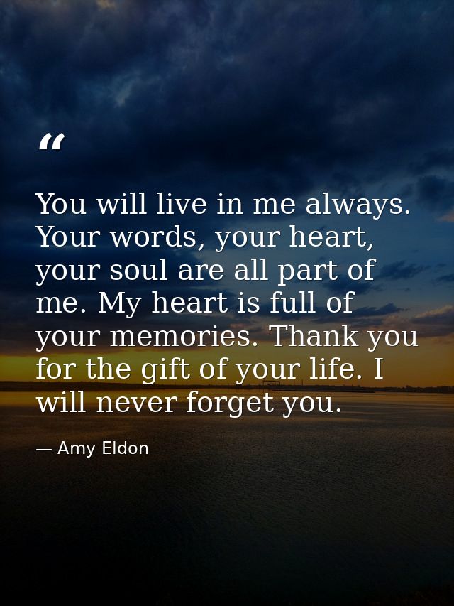You will live in me always. Your words, your heart, your soul are all part of me. My heart is full of your memories. Tha — Amy Eldon