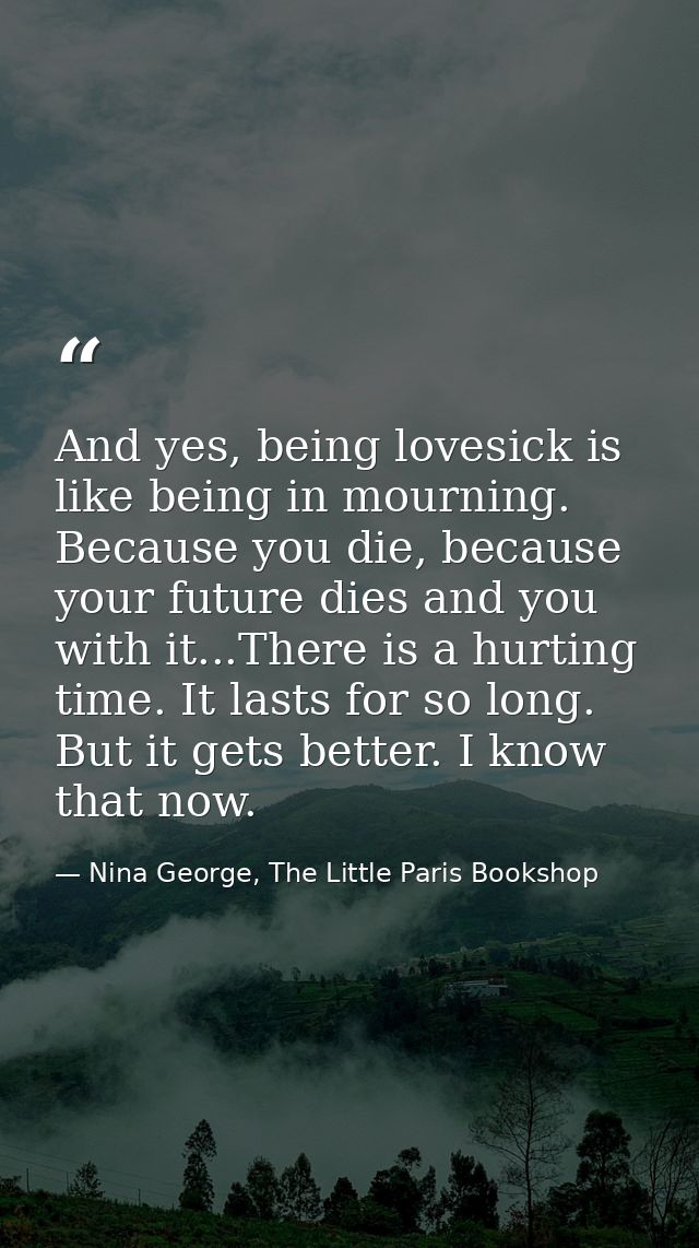 And yes, being lovesick is like being in mourning. Because you die, because your future dies and you with it...There is  — Nina George, The Little Paris Bookshop