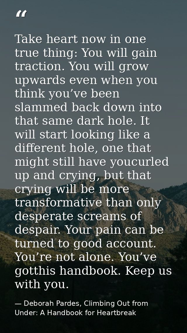 Take heart now in one true thing: You will gain traction. You will grow upwards even when you think you’ve been slammed  — Deborah Pardes, Climbing Out from Under: A Handbook for Heartbreak