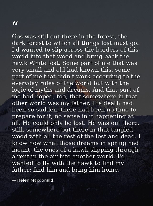 Gos was still out there in the forest, the dark forest to which all things lost must go. I'd wanted to slip across the b — Helen Macdonald