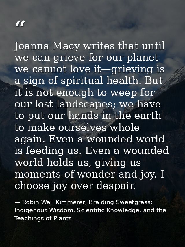 Joanna Macy writes that until we can grieve for our planet we cannot love it—grieving is a sign of spiritual health. But — Robin Wall Kimmerer, Braiding Sweetgrass: Indigenous Wisdom, Scientific Knowledge, and the Teachings of Plants