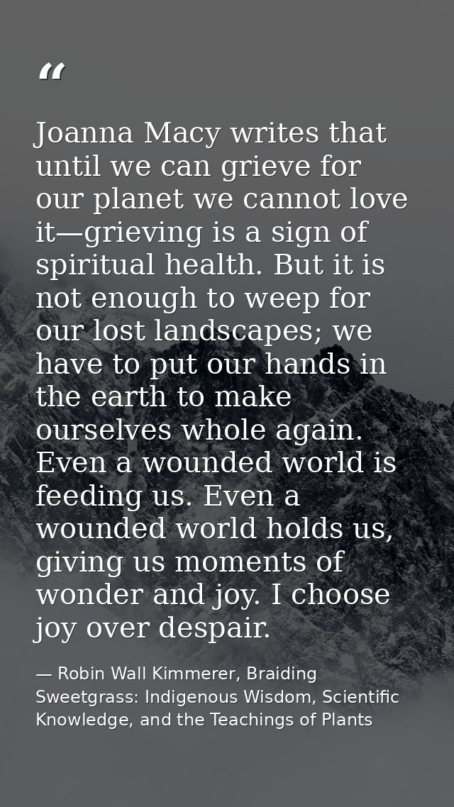 Joanna Macy writes that until we can grieve for our planet we cannot love it—grieving is a sign of spiritual health. But — Robin Wall Kimmerer, Braiding Sweetgrass: Indigenous Wisdom, Scientific Knowledge, and the Teachings of Plants