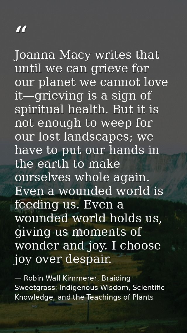 Joanna Macy writes that until we can grieve for our planet we cannot love it—grieving is a sign of spiritual health. But — Robin Wall Kimmerer, Braiding Sweetgrass: Indigenous Wisdom, Scientific Knowledge, and the Teachings of Plants