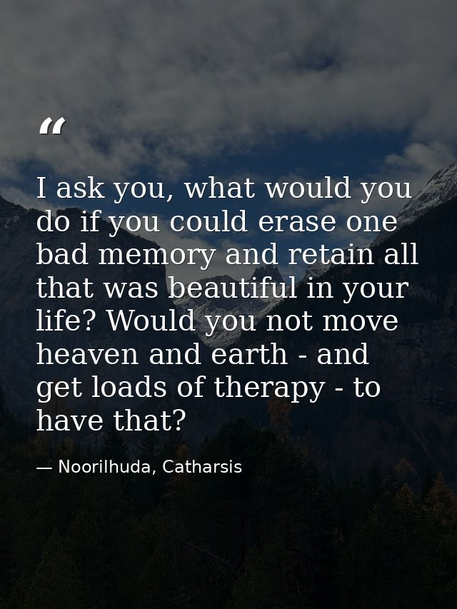 I ask you, what would you do if you could erase one bad memory and retain all that was beautiful in your life? Would you — Noorilhuda, Catharsis