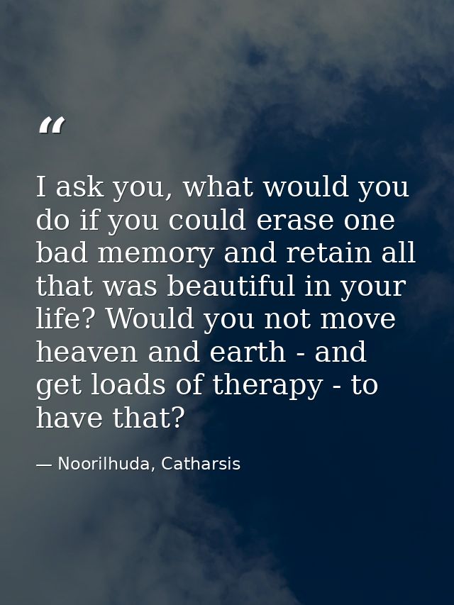 I ask you, what would you do if you could erase one bad memory and retain all that was beautiful in your life? Would you — Noorilhuda, Catharsis