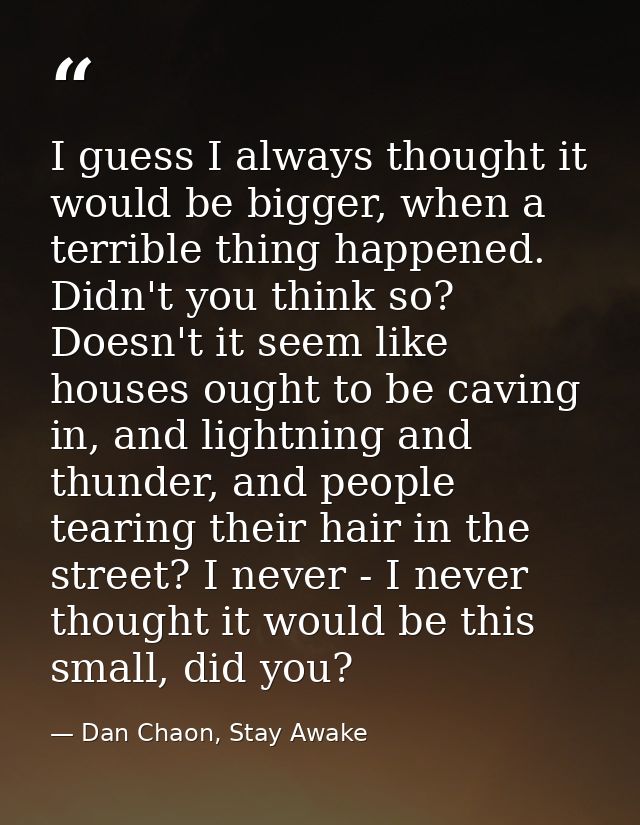 I guess I always thought it would be bigger, when a terrible thing happened. Didn't you think so? Doesn't it seem like h — Dan Chaon, Stay Awake