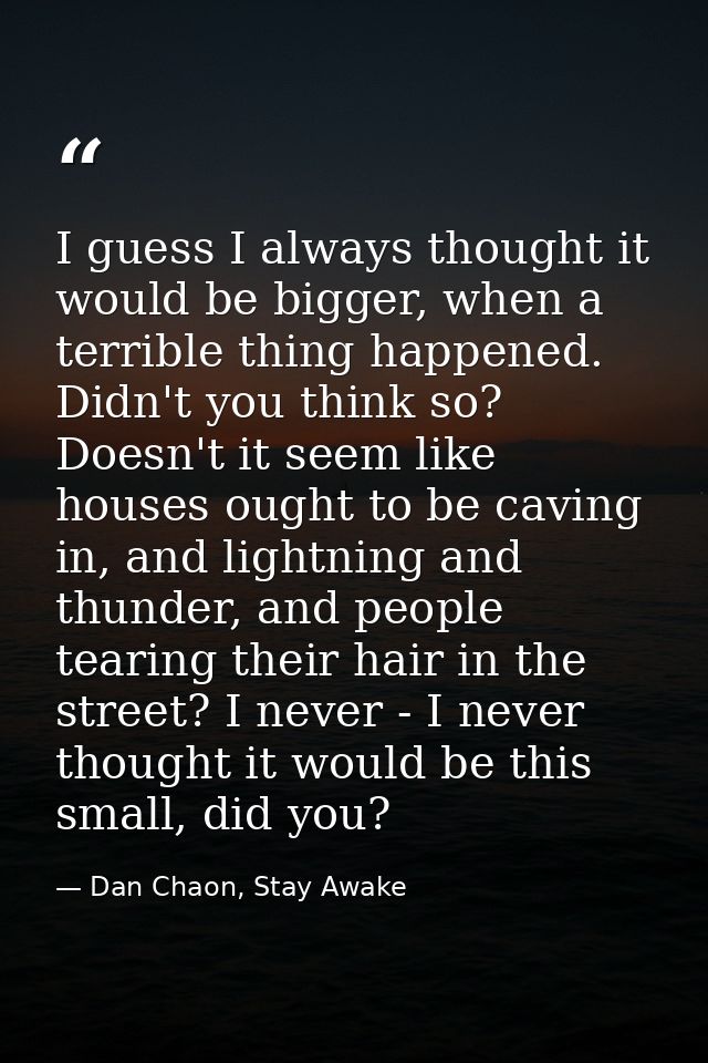 I guess I always thought it would be bigger, when a terrible thing happened. Didn't you think so? Doesn't it seem like h — Dan Chaon, Stay Awake