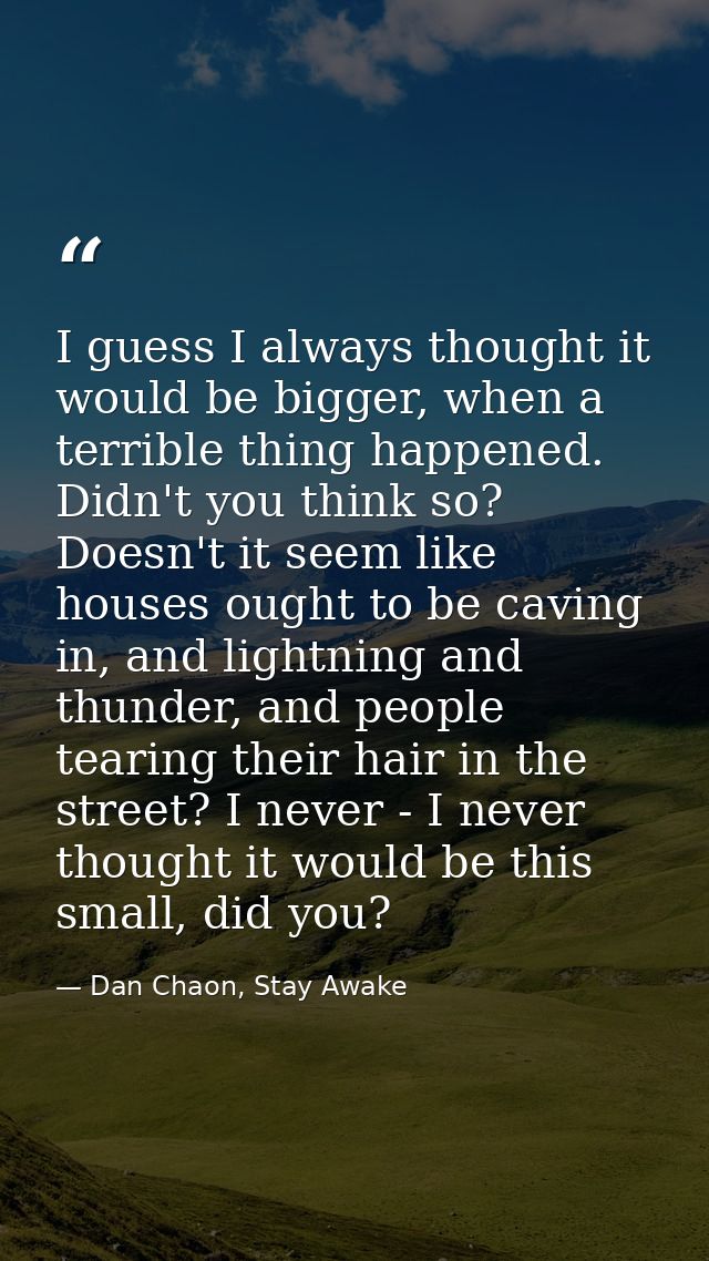 I guess I always thought it would be bigger, when a terrible thing happened. Didn't you think so? Doesn't it seem like h — Dan Chaon, Stay Awake