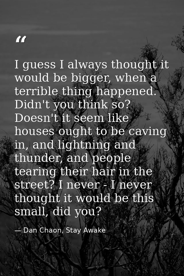 I guess I always thought it would be bigger, when a terrible thing happened. Didn't you think so? Doesn't it seem like h — Dan Chaon, Stay Awake
