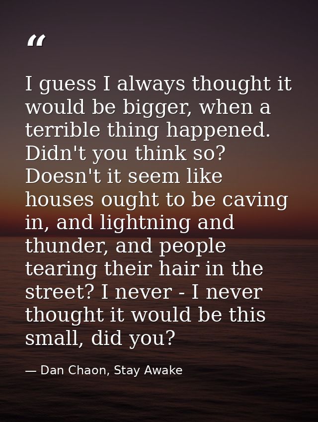 I guess I always thought it would be bigger, when a terrible thing happened. Didn't you think so? Doesn't it seem like h — Dan Chaon, Stay Awake
