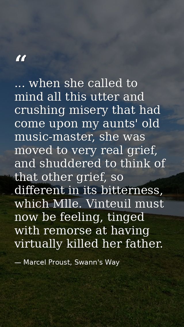 ... when she called to mind all this utter and crushing misery that had come upon my aunts' old music-master, she was mo — Marcel Proust, Swann's Way